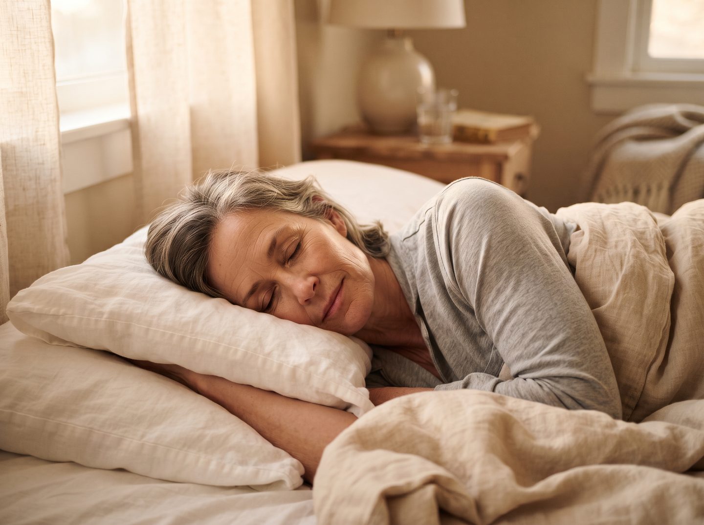 Una donna dorme serena nel suo letto alle prime luci del mattino