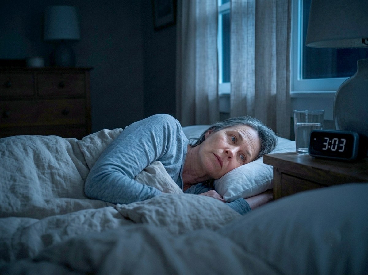 Una donna sveglia nel letto guarda la sveglia sul comodino, che segna le 3:03, nella stanza buia